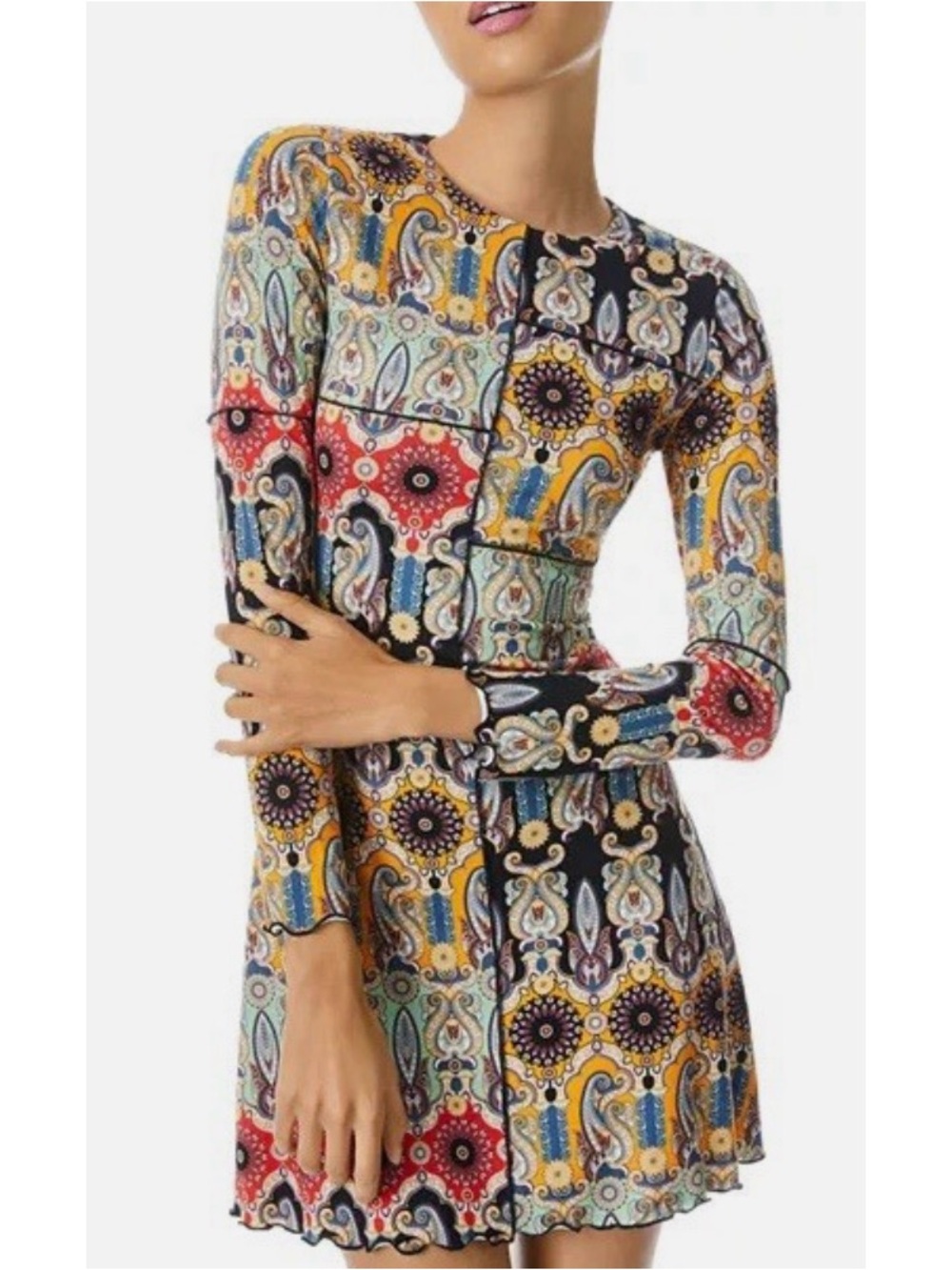 Multicolor Paisley Patchwork Long-Sleeve Dress
